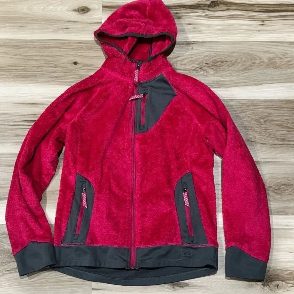 REI Co-op Pink Grey Fuzzy Zip Up Hoodie Sweatshirt Girls 14/16